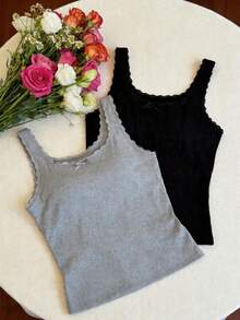 2pcs Women's Basic Camisole, Simple & Fashionable Comfortable Casual For Summer, Bow Lace Camisole - Multicolor - View 3