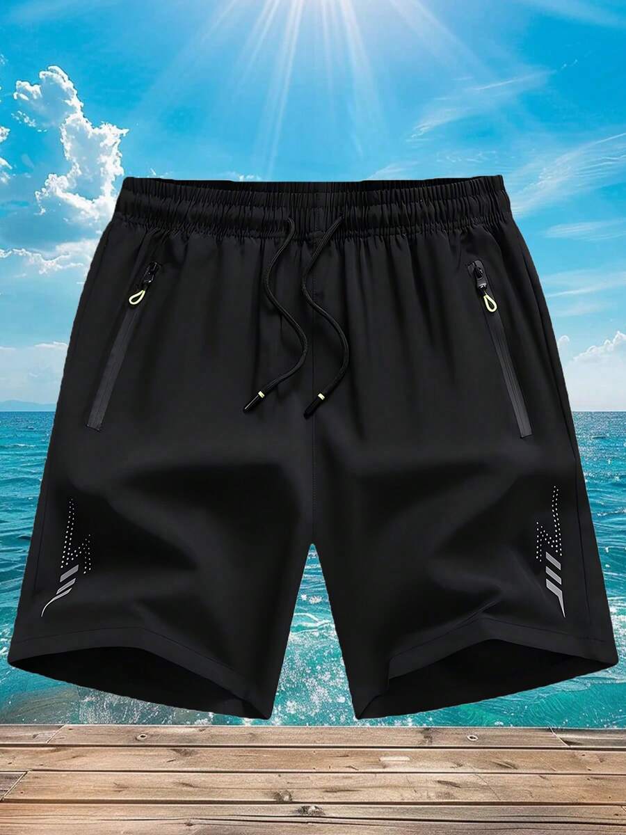 Men's Summer Casual Sports Shorts, Lightning Print, Adjustable Drawstring Waist, Suitable For Outdoor Activities, Cycling, Running And Daily Wear - Black - View 1