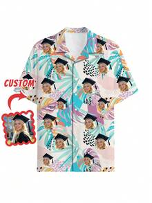 1pc Customizable Men's Hawaiian Shirt For Graduation Season, Personalized Men's Brazilian Collar Button-Up Shirt With Funny Face Design, Customize 2026 Campus Shirt, Create A Unique Graduation Gift Top For Family And Friends - Multicolor - View 3