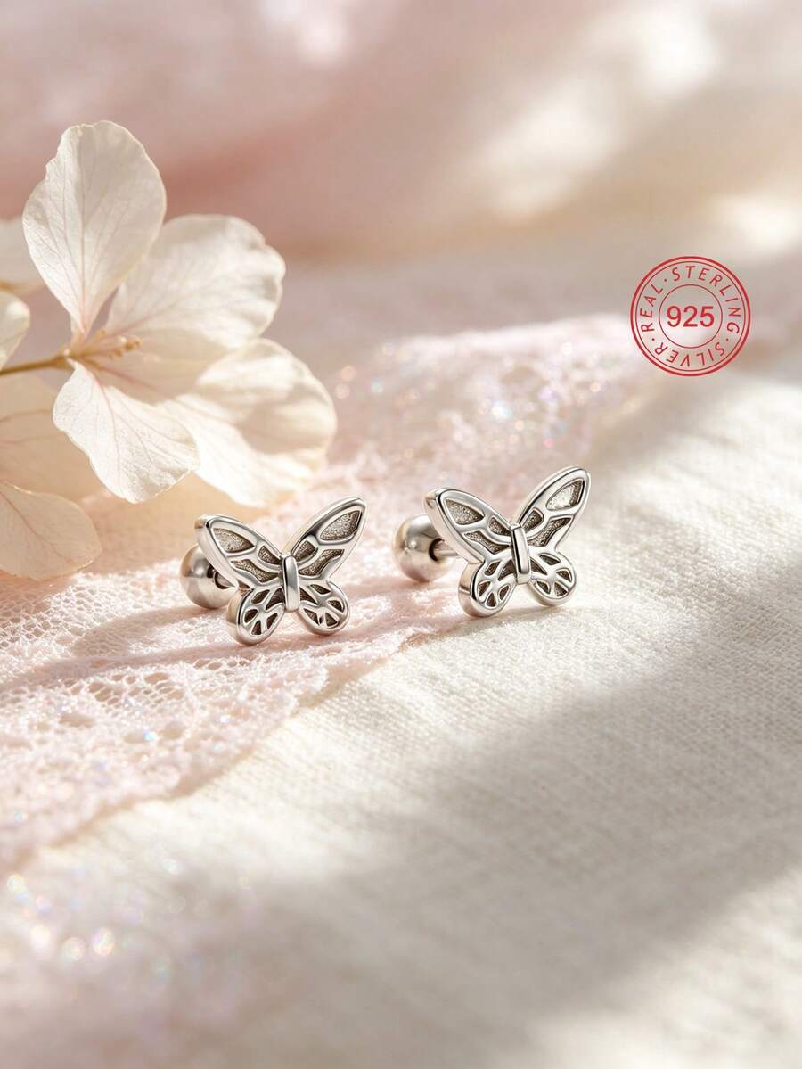 Artepollo 1 Đôi bông tai trẻ em hình bướm bằng bạc sterling 925 không gây dị ứng, chốt cài xoắn ốc không bị rơi, tinh tế và dễ thương, đóng gói trong hộp quà, quà tặng cho trẻ em - Bạc - Xem 1
