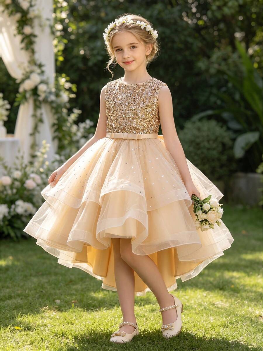 Tween Girl Elegant Sequin Trailing Tulle Princess Dress, Suitable For Birthday Party, Wedding, Flower Girl, Prom, Holiday Occasions - Champagne - View 1