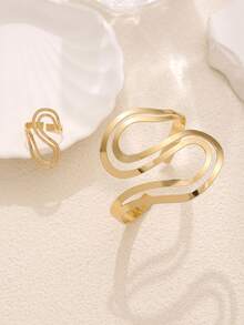 2 piezas Conjunto de brazaletes de cinta hueca dorada, diseño abierto elegante, adecuado para uso diario y citas, regalo de joyería de moda para mujeres - Dorado - Ver 3