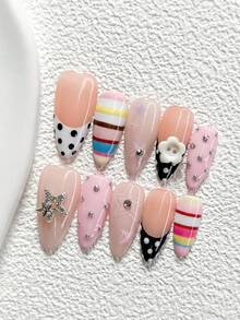10Pcs Sweet And Edgy Style Handmade Nail Art Set,Unghie Press On,Buttons, Stars,Stripes, Polka Dots, Black, Blue,Yellow And Red Nail Polish,Includes Nail Tools,3 Sizes Available,Almond Nails , Duck Nails,Coffin Nails For Party, Dance, Daily Wear - 彩色 - 查看 3