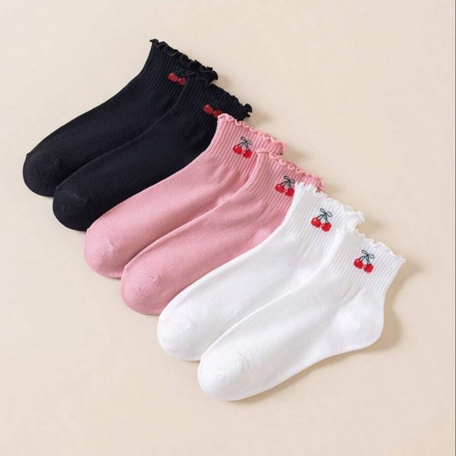 6 đôi tất xếp ly họa tiết hoa anh đào Lolita dễ thương - Nhiều màu - Xem 1