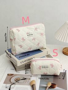 Cute Pink Bow Pattern Quilted Cosmetic Bag Set, Multi-Size Makeup Organizer Pouch, Soft Fabric Travel Storage Bag - Pink - View 12