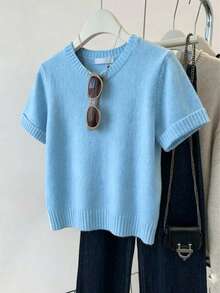Solid Color Ribbed Knit Top, Fashionable For Spring/Summer Casual Wear - Baby Blue - View 3