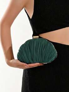 Elegant/Luxurious Satin Pleated Box Bag For Cocktails By OpulAura, Romantic Wedding Bag, Sophisticated Party Dress Bag, Minimalist Apricot Color Box Bag With Detachable Chain, Suitable As A Holiday Gift - 墨綠色 - 查看 8