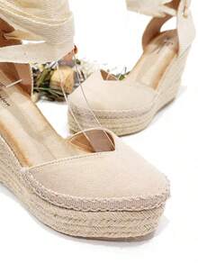 Sandalias alpargatas de cuña de yute para mujer estilo bohemio con tira cómodos ideales para vacaciones y ocio perfectos para el trabajo y el verano trenzados en cuerda gruesa con plataforma - Albaricoque - Ver 7