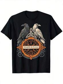 Norse Raven Huginn And Muninn Celtic Vegvisir Viking Compass T-Shirt, Mens Clothes, Mens T Shirts 100%Cotton, S-XXXL - Black - View 1