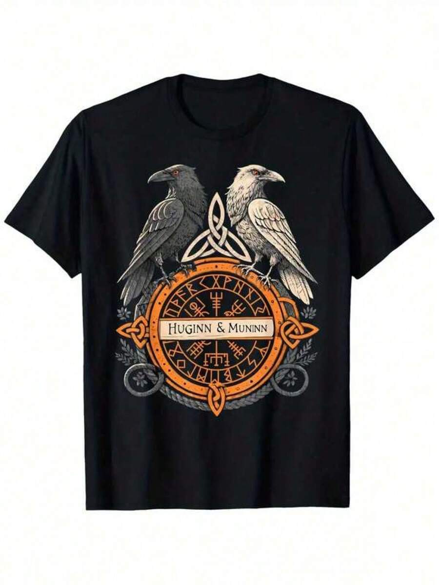 Norse Raven Huginn And Muninn Celtic Vegvisir Viking Compass T-Shirt, Mens Clothes, Mens T Shirts 100%Cotton, S-XXXL - Black - View 1