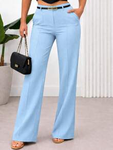 Elegant Women's Wide-Leg Trousers With Belt In Tailored Style - Baby Blue - View 2