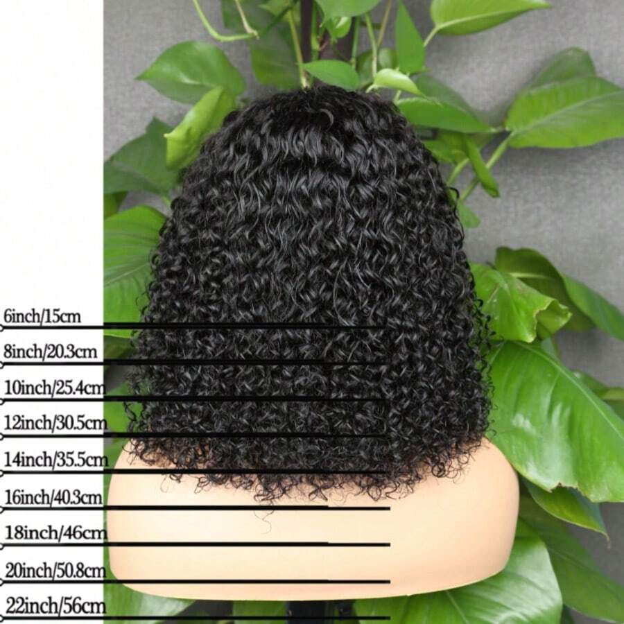 180%密度无胶水波纹真人发卷发假发，带刘海，采用未经加工的巴西原生发，全机织无蕾丝前额假发，女士款 - Natural Black - 查看 1