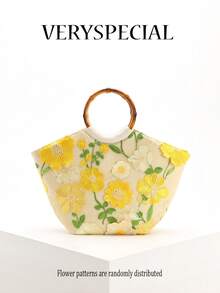 Colorblock Mesh Applique Embroidery Linen Tote Bag, Fresh & Fashionable Floral 3D Decor Vintage Bamboo Handle Tote Bag, Suitable For Dress, Beach, Travel & Leisure, Women - Yellow - View 11