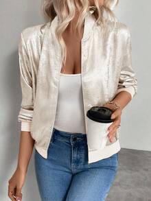 Chaqueta casual de manga larga con cremallera, de tela metálica brillante, ajuste regular, versátil para ir al trabajo, vacaciones, cárdigan de primavera, de la marca Keke Bloomly - Caqui - Ver 5