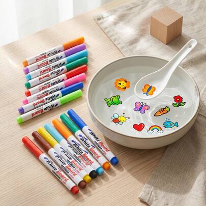 8pcs/12pcs Set Magic Watercolor Brush Set, Includes Floating Ink Brush, Mixing Marker, Suitable For Painting, DIY Crafts (Random Color), Fun Gift, Magic Watercolor Dark Series Creative Art Set, Adult Pigment, Magnetic Page Diffuser Pen Art, Folk Craft Design, Decorated With Blue And Gold Wave Pattern, Ideal Non-Date Experience