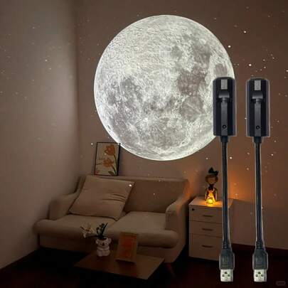 4pcs Set, 1pc Light + 3pcs Moon Light Projection Slides (Yellow, White, Blue), USB Powered Portable LED Projection Lamp, 360° Rotatable, Bedroom Ceiling Photo Background, Proposal Wedding Decor, Computer Accessories