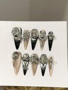 10Pcs/Set Handmade Press-On Nails, Y2K Extra Long Stiletto Nail Tips, Black Silver French Cat Eye Gel Nail Stickers With Crystal, Flower, Butterfly & Heart Designs, Unisex For Women & Girls, Perfect For Party, Prom & Daily Wear, With Accessories, Ideal Gift - Multicolor - View 3