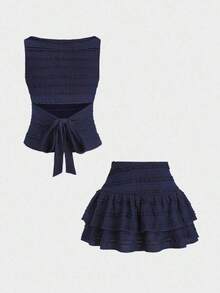Conjunto de 2 piezas de top sin mangas plisado y minifalda de unicolor para mujer - Azul - Ver 2
