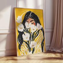 1pc Frameless Modern Floral Female Portrait Yellow Abstract Botanical Minimalist Wall Art Canvas Poster Print For Living Room, Bedroom, Dorm Room Decor - Floral Women - View 2