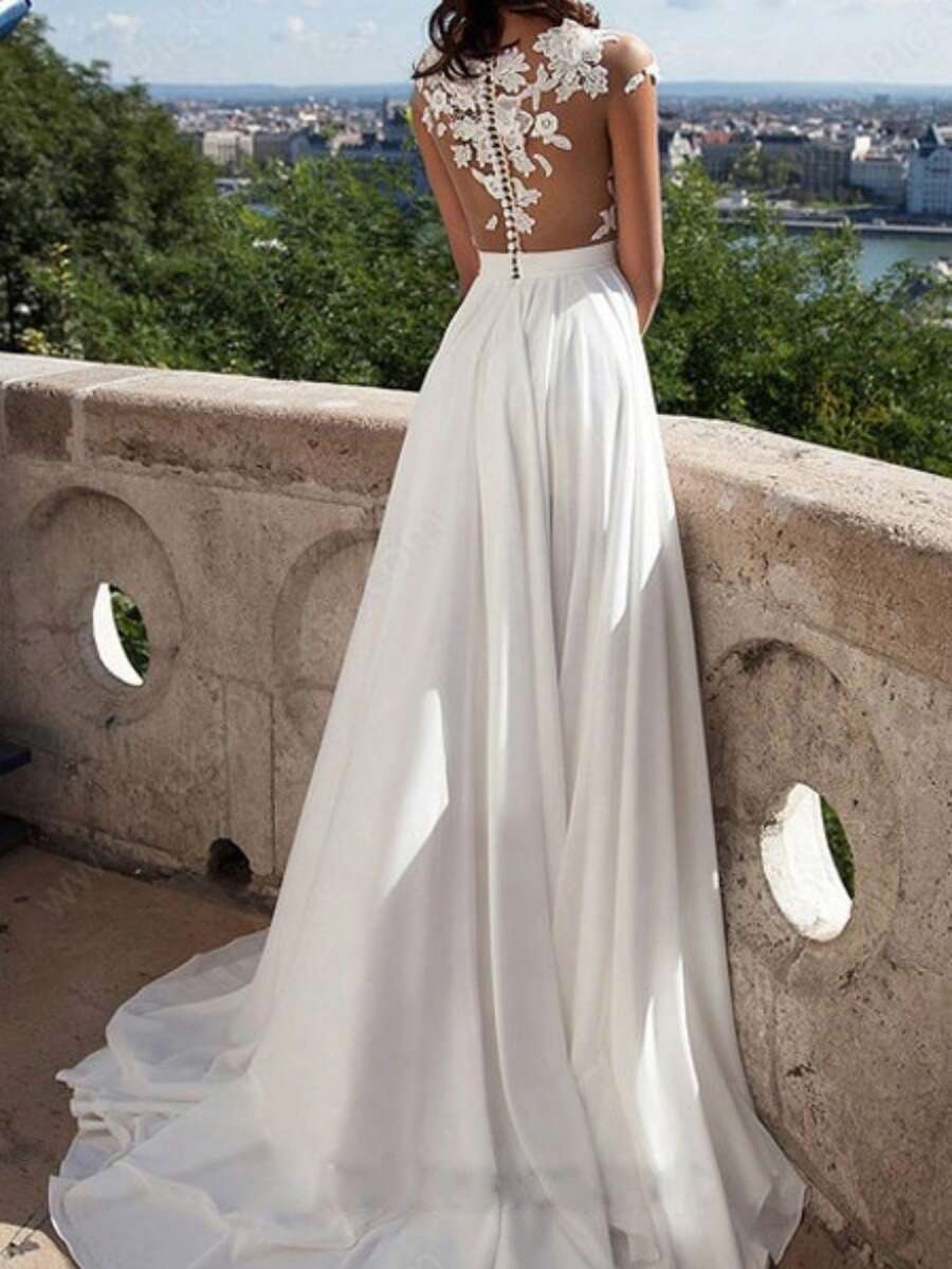 Vestidos blancos para mujer, top de encaje puro, vestido de novia largo con diseño abierto: un elegante vestido de novia adecuado para ceremonias y recepciones. Vestidos elegantes de mujer - Blanco - Ver 1