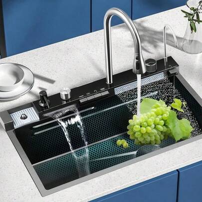 Fregadero de Cocina de Acero Inoxidable de 75 x 46 / 80 x 46 cm, Incluye Grifo Extraíble Tipo Cascada, Instalación empotrada/sobre encimera, Un Solo Seno con Indicador de Temperatura LED,Dispensador de Jabón, Grifo de Agua Purificada y Rejilla para Vasos , Fregadero Multifuncional con Accesorios Incluidos,Blanco/Níquel cepillado/Gris/Oro cepillado