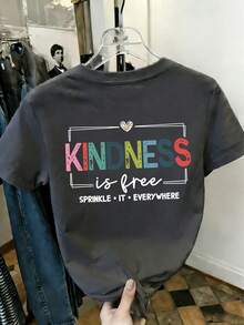 Tween Girl "KINDNESS Is Free SPRINKLE IT EVERYWHERE" Graphic Tee, Suitable For Outdoor Sports, Casual Daily Wear, Street Style, Campus Style, Fashionable For Girls In Spring And Summer - Dark Grey - View 2