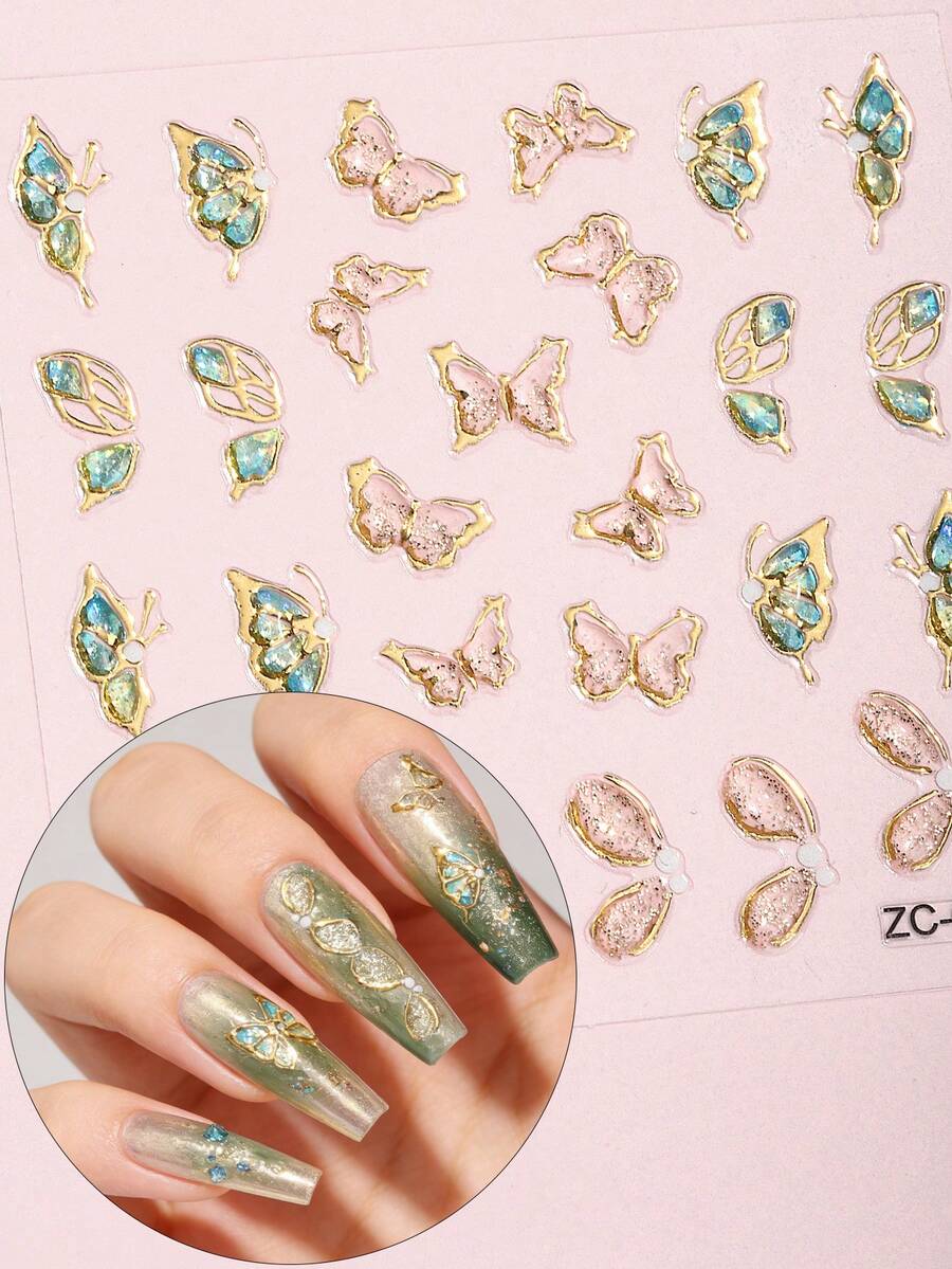 Beauty Sticker 1pc Embossed Green Butterfly Nail Stickers, Spring/Summer Fresh Cute Ocean Nail Decals, Easy To Use, Suitable For Women's Home DIY Manicures. - Olive Green - View 1