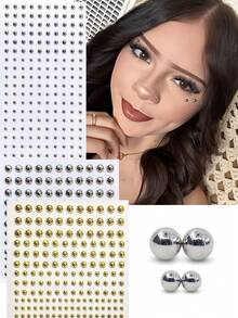 6pcs/Set Non-Piercing Jewelry - 2Sheets Face Gems Sticker, Gold & Silver Ball Self-Adhesive Fake Eyebrow Lip Labret Nose Studs And 4pcs Repalcement Ball Accessories, Punk Y2K Adhesive Face Jewelry For Party Halloween Makeup DIY,Concert Look - Multicolor - View 1