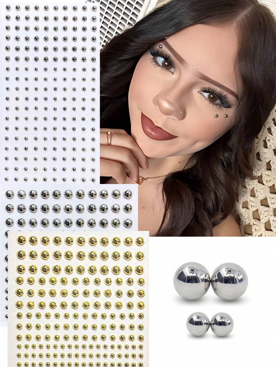 6pcs/Set Non-Piercing Jewelry - 2Sheets Face Gems Sticker, Gold & Silver Ball Self-Adhesive Fake Eyebrow Lip Labret Nose Studs And 4pcs Repalcement Ball Accessories, Punk Y2K Adhesive Face Jewelry For Party Halloween Makeup DIY,Concert Look - Multicolor - View 1