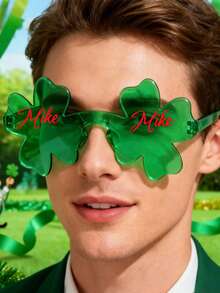 Custom Text Logo Holiday Shamrock Glasses, Irish Four-Leaf Clover Universal Glasses Party Gift Supplies Decoration, Holiday Gift Decoration Photo Props, Suitable For Parade Costumes, Rimless Four-Leaf Clover Glasses - Green - View 4