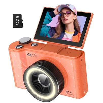 Cámara digital para fotografía, cámara 4k con anillo de luz, cámara con pantalla giratoria de 180° para vlogs con modo belleza, cámaras digitales compactas para principiantes con tarjeta SD, regalo de Navidad.