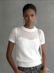 Elegant & Fashionable Solid Color Women's Knit Pullover Top, Hollow-Out Design Sweater, Suitable For Dates And Outings White Summer - White - View 7