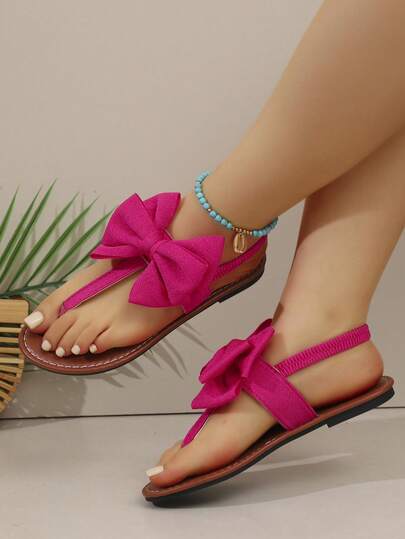 1 Pair Women's Solid Color Fashion Bohemian Fabric Bow Tie Sandals, Suitable For Beach, Outdoor And Home In Summer