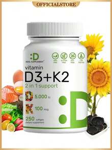 Supplement Vitamin D3 & K2 | 2-In-1 Formula (5000  D3 +100mcg K2 MK7) |   Supports Healthy Bones, Teeth, Heart, & Immune System |   Nutrition & Healthcare Supplement Dietary Edible Fitness | 250 Veggie Softgels - 1 chai - Xem 12