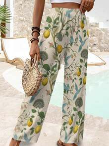 Lemon Hummingbird Print Wide Leg Pants For Women Vintage Inspired Floral Summer Casual Pants For Everyday Wear - 彩色 - 查看 2