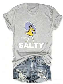 Plus Size Salty With Umbrella Graphic Tee - Vintage Style Summer Beachwear For Women, Perfect For Vacation And Everyday Wear, T-Shirt-Unisex - 淺灰色 - 查看 9