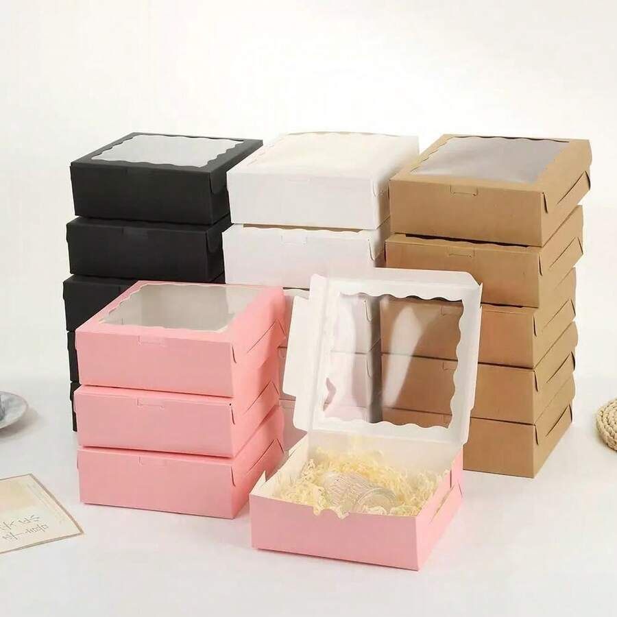 12个17.8X17.8X6.3厘米粉色、白色、黑色、卡其色饼干盒，带透明窗口，小型饼干盒，烘焙食品盒，婚礼甜点展示盒，适用于糕点、甜甜圈、馅饼、糖果、马卡龙、巧克力松露等。 - 查看 1