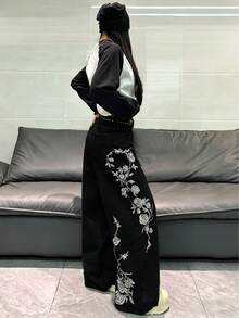 1件韓式街頭風女款刺繡寬腿牛仔褲，寬鬆舒適四季皆宜長褲（不含腰帶/配件）休閒款 - 黑色 - 查看 11