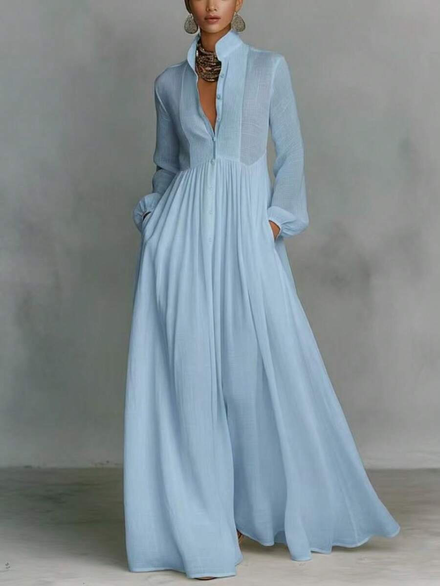 Elegant French-Style Dress For Women, Fitted, Long-Sleeved, Plain Emerald Green, High Neck And Raglan Sleeves, Ideal For Vacation - 淺色水洗藍 - 查看 1