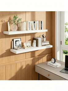 1 Set Wall-Mounted Storage Rack, Farmhouse Style Long Shelf Set, Suitable For Living Room, Bathroom, Laundry Room, Bedroom, Kitchen, Home Office - White - View 4
