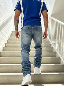 Men's High Stretch Straight Leg Casual Washed Distressed Minimalist Retro Jeans - Royal Blue - View 2