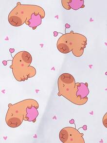 2pcs Kids Cute Casual Pajamas Set, Pink Pig Print Soft Short Sleeve Top And Shorts, Lovely Capybara Heart Print Pattern, Suitable For Children Parties, Daily Wear And Home, Great Gift For Kids - White - View 7