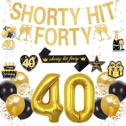 40th Birthday Decorations For Men Women - Shorty Hit Forty Happy 40th Birthday Banner Set Black Gold 40 Years Old Bday Party Supplies With Banners Hanging Swirls Balloons Sash