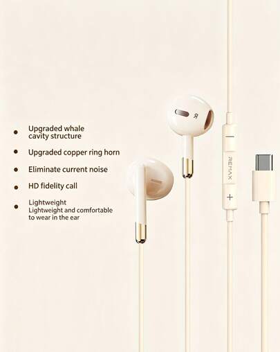 REMAX Wired In-Ear Headphones With A 3.5mm Type-C Interface, Built-In In-Line Controls For Music, Calls, And Volume. Professional In-Line Controls With Microphone, Vinyl-Quality Sound. Ideal For Music, Gaming, And Sports.