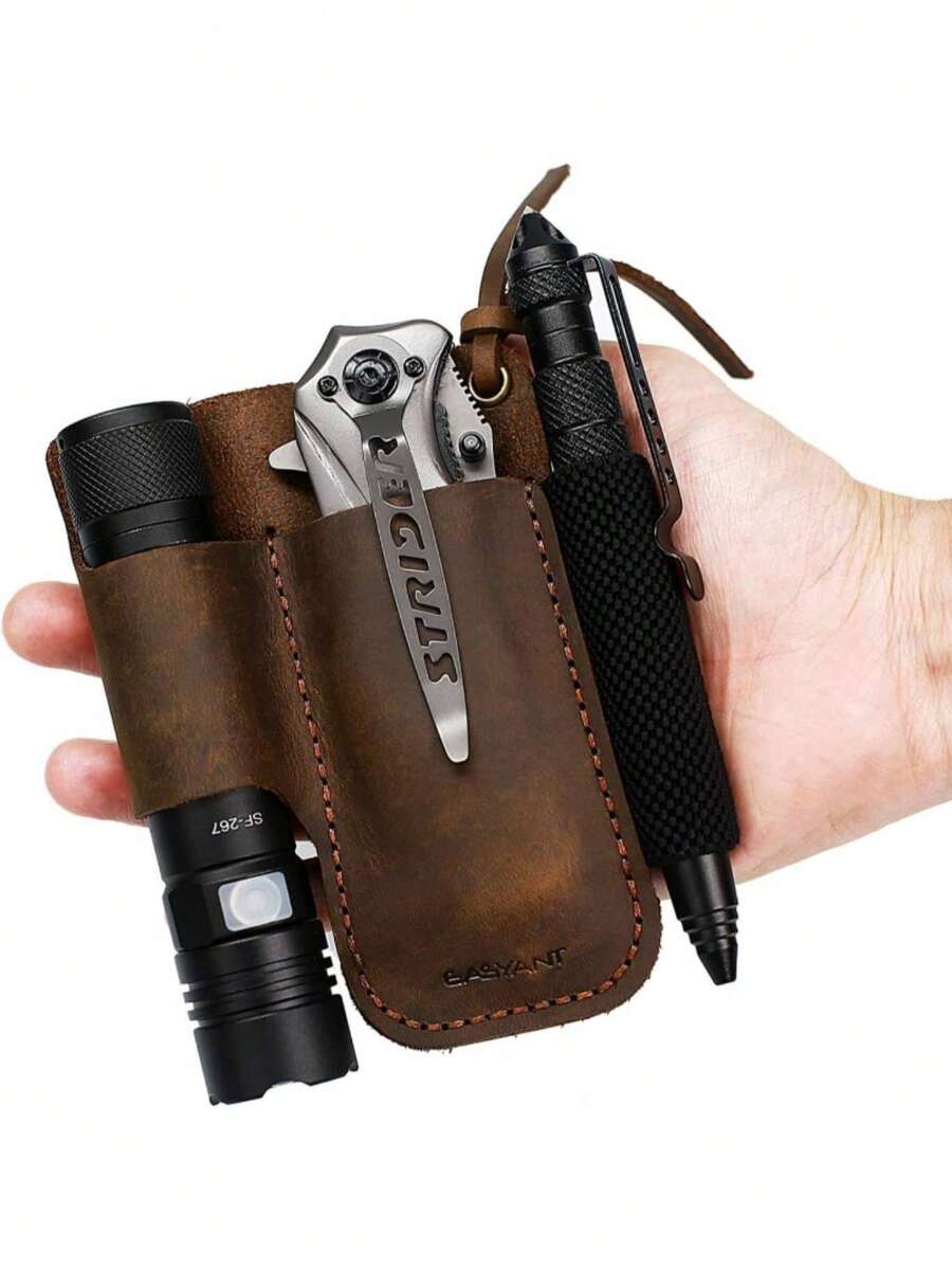 Handgefertigte Leder EDC Organizer Tasche, Männer Taktische Werkzeugtasche mit Gürtelschlaufe, multifunktionale Holster, braune Farbe, ohne Werkzeugorganizer - Mehrfarbig - Übersicht 1