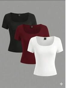 Women's Solid Color Square Neck Casual Versatile Daily Wear Short Sleeve T-Shirt - White - View 1