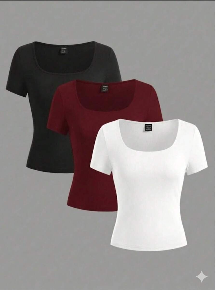 Women's Solid Color Square Neck Casual Versatile Daily Wear Short Sleeve T-Shirt - White - View 1