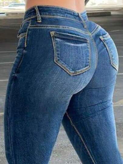 1 pieza Jeans casuales de cintura baja con múltiples botones y campana para mujer, primavera