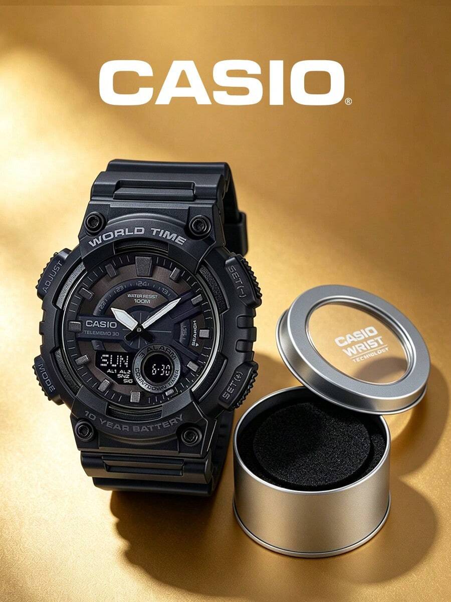 Reloj analógico-digital para hombres Casio, batería de 10 años de duración, resistente al agua 100M, hora mundial, cronómetro, cuenta regresiva, correa de resina negra AEQ-110W-1B - Unitalla - Ver 1