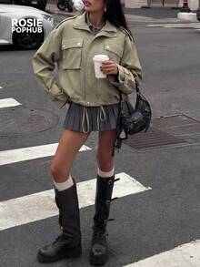 Veste style de rue verte pour femmes Rosie Pophub | Coupe-vent court en fibre de polyester avec col cranté, cordon de serrage à la taille et poches, décontracté pour le printemps/été, nouvelle arrivée - Militaire verte - Voir 1